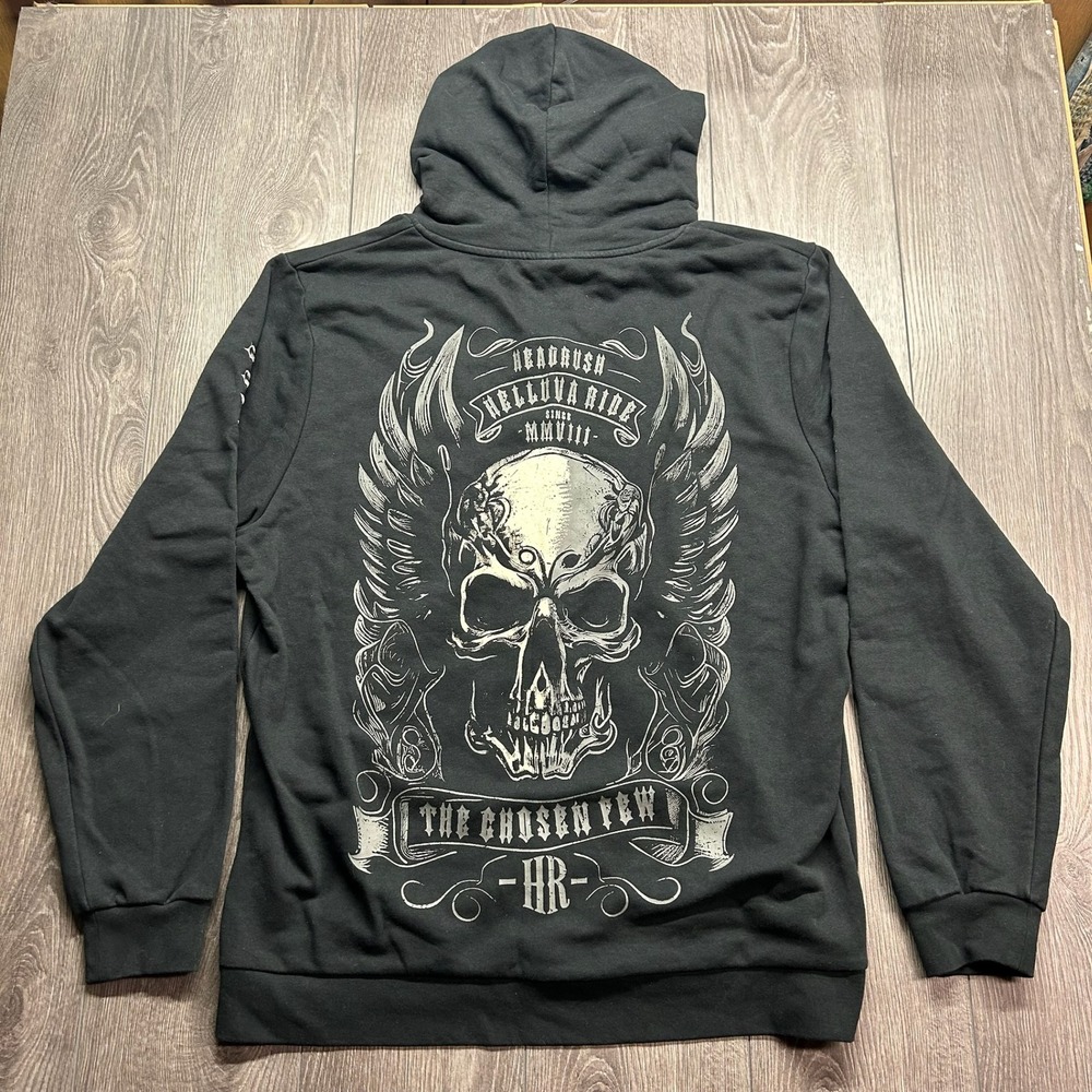 Headrush Mens Black Full Zip Hoodie Skull Helluva Ride Gothic 2XL